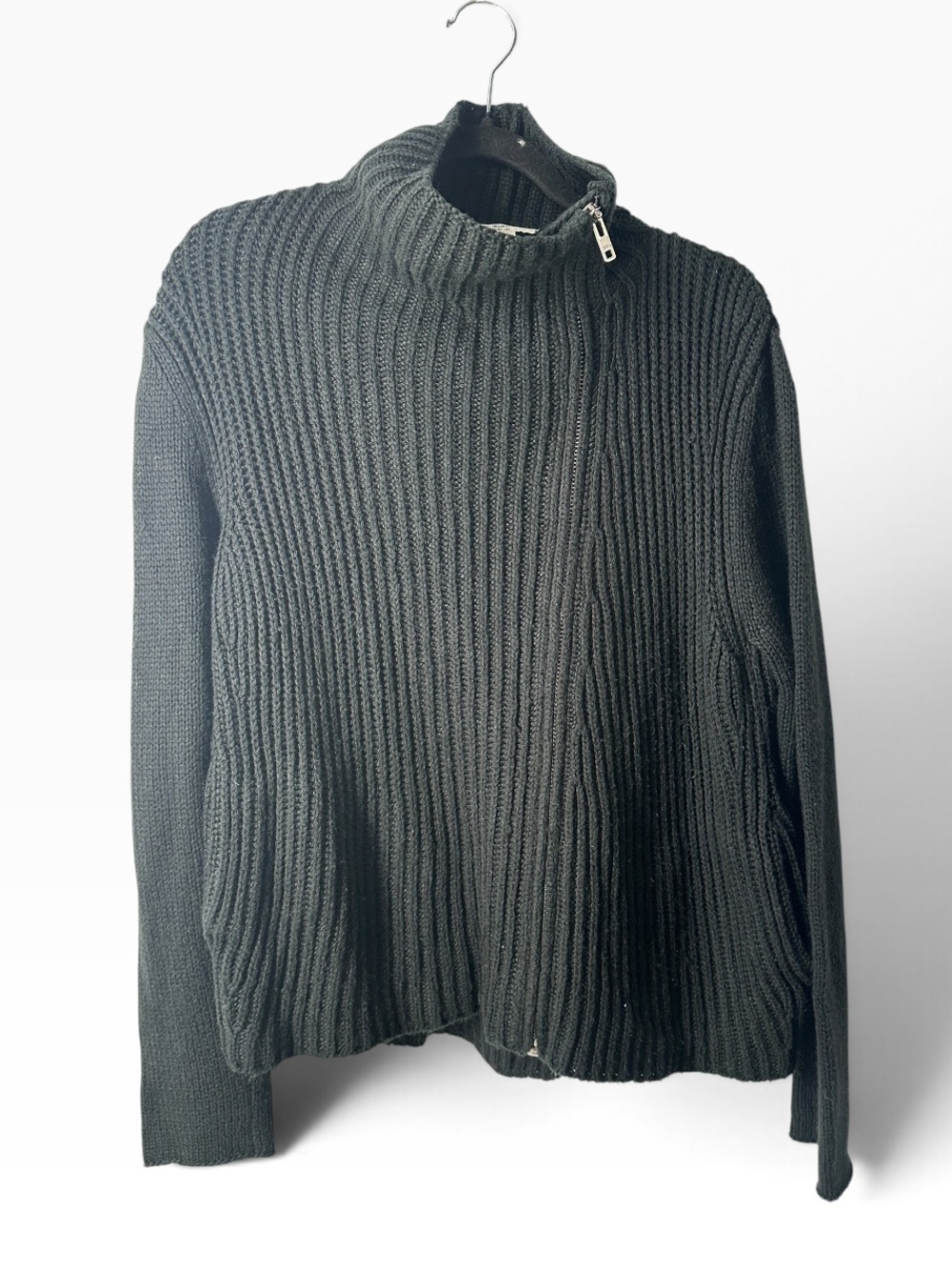 Helmut Lang Black Chunky Rib Knit Asymmetrical Zip Funnel Neck Wool Mohair sz M